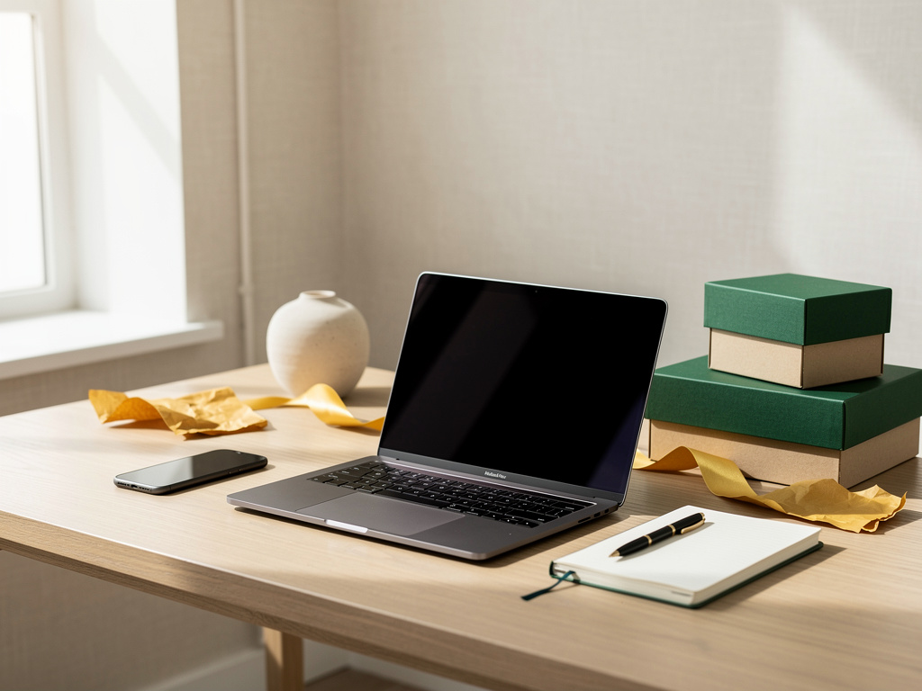 A tidy support desk by the studio window with an open laptop, a phone, a notebook and a small stack of green gift boxes,