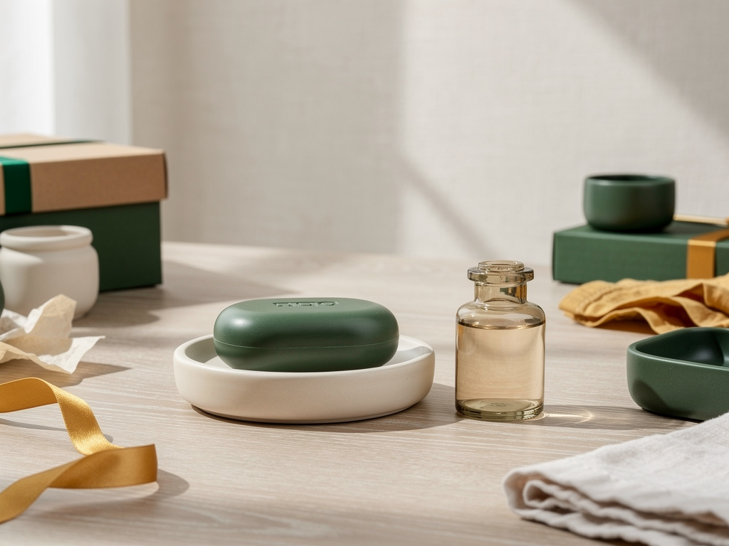 Close-up of a ceramic soap dish, a bar of soap and a small glass bottle arranged side by side in matching cream and gree