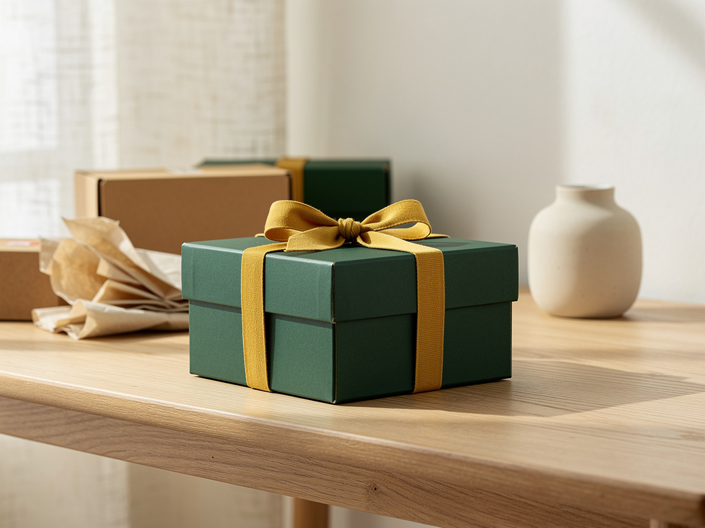 A closed green box tied with a mustard cotton ribbon resting on an oak table in soft window light.