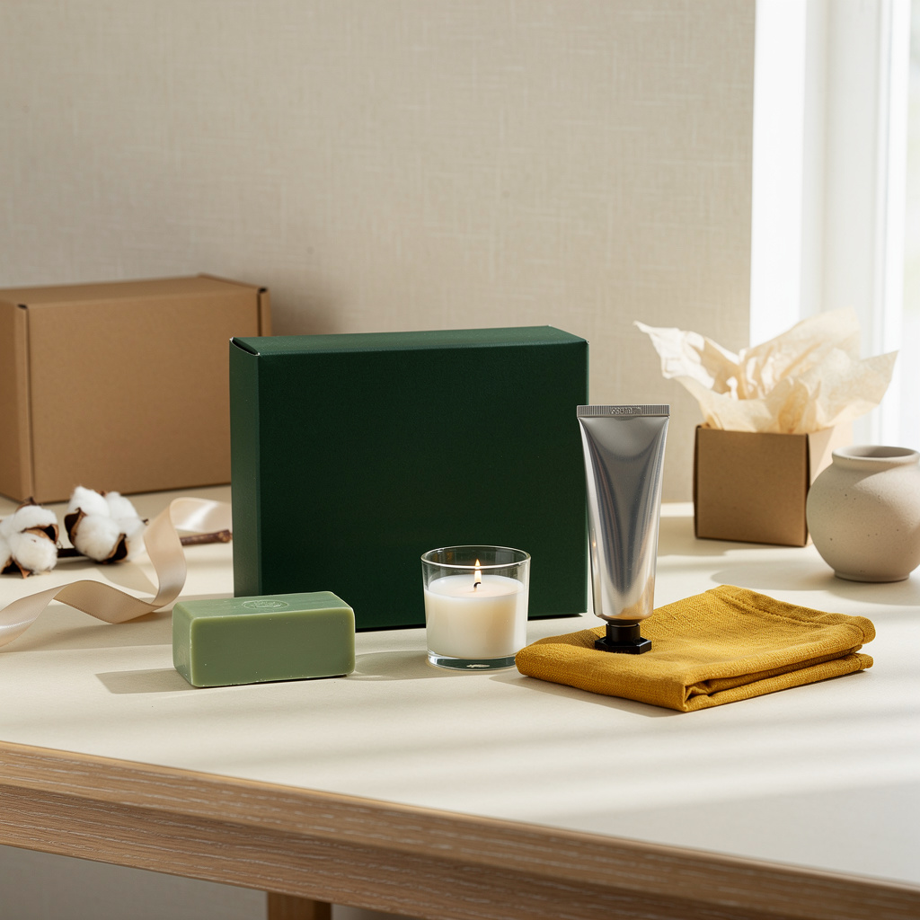 An unbranded deep-green gift box with its contents — soap bar, candle in glass, hand cream tube and folded linen cloth —